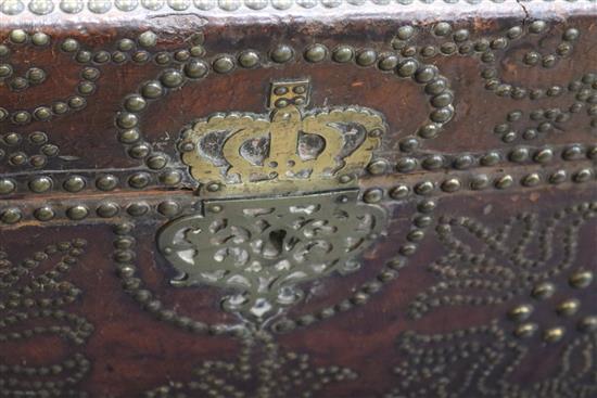 A 19th century studded leather trunk, by Morgan & Sanders (1801-20) (one handle with stamped patent mark) W.106cm